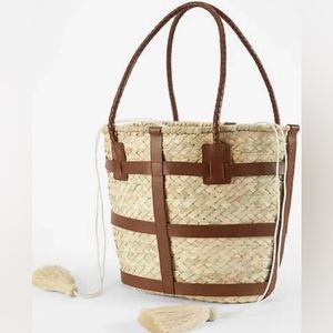 J.Jill Woven Seagrass straw Leather trimmed drawstring Shoulder Bag,basket tote